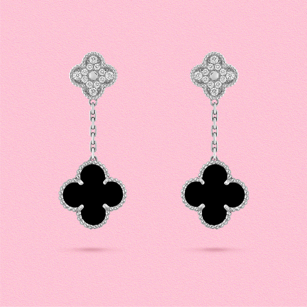 Yumato S925 sterling silver lab-grown diamond and onyx lucky earrings
