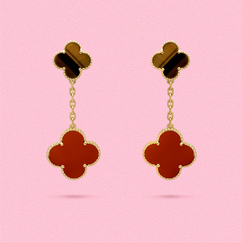 Yumato S925 sterling silver tiger's eye stone and red chalcedony double flowers lucky earrings