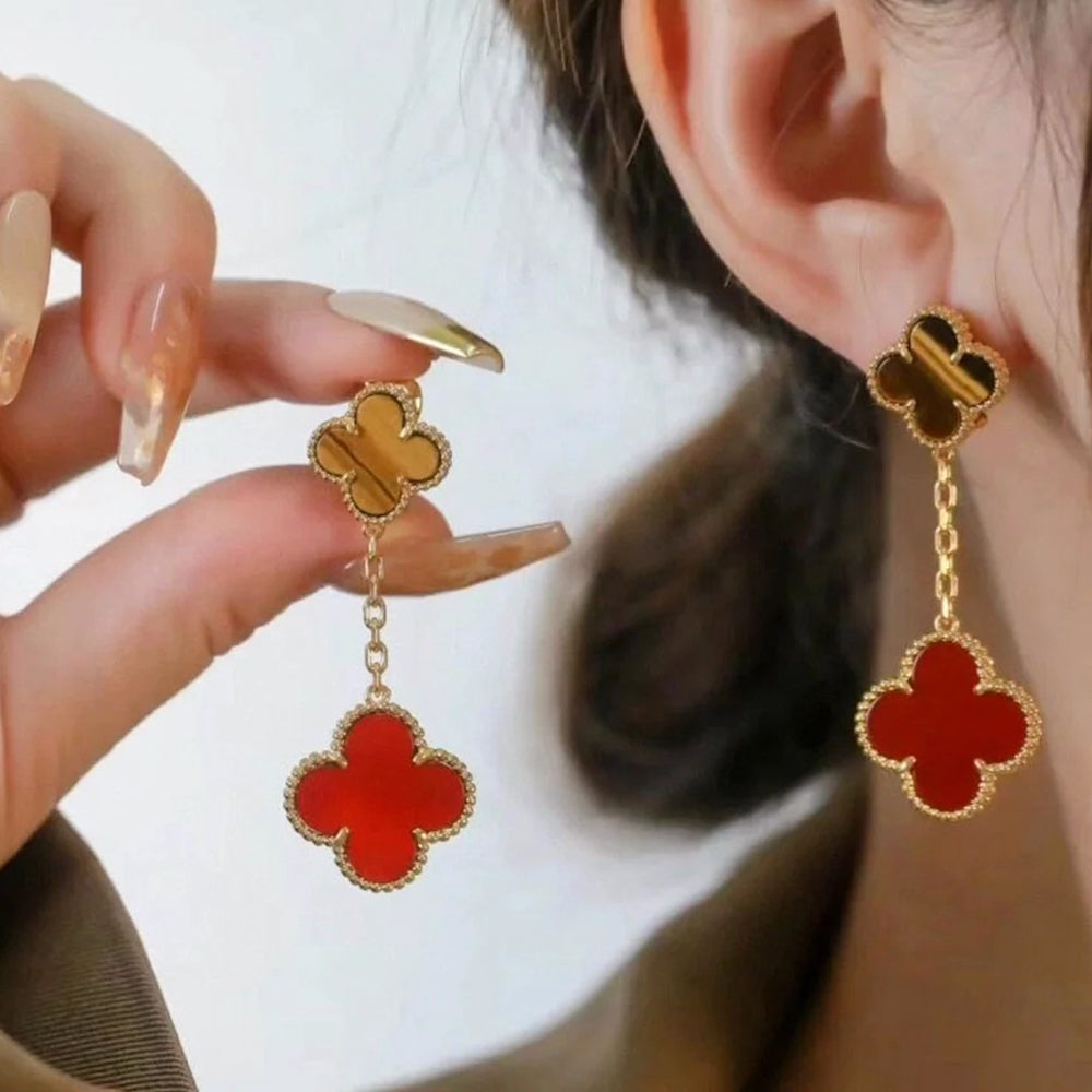 Yumato S925 sterling silver tiger's eye stone and red chalcedony double flowers lucky earrings