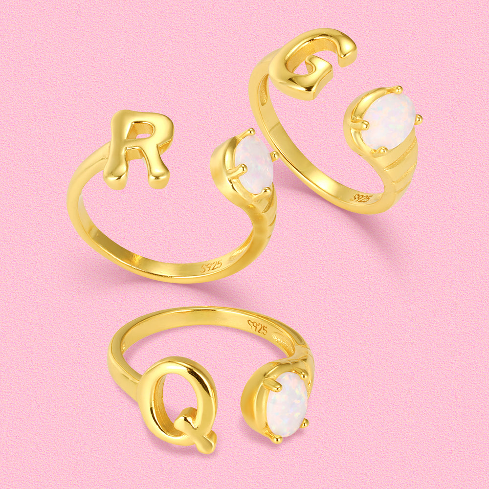Yumato Gold color adjustable opening set natural Opal 26 English letter ring