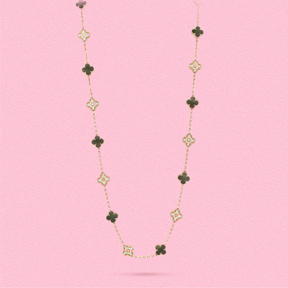 Yumato S925 sterling silver onyx and lab-grown diamond 20 flowers lucky necklace