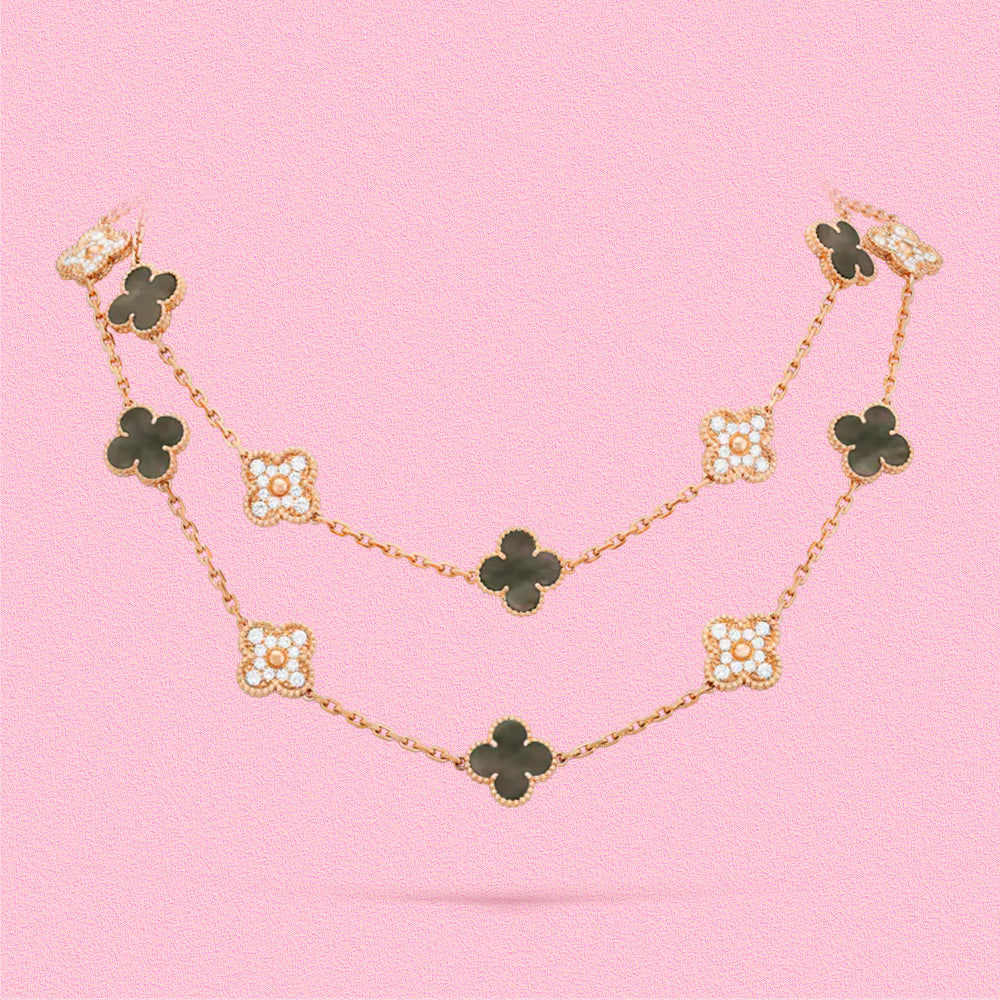 Yumato S925 sterling silver onyx and lab-grown diamond 20 flowers lucky necklace