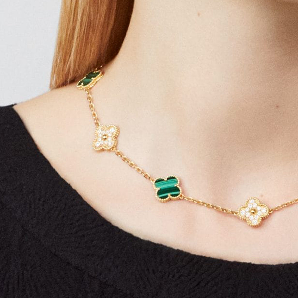 Yumato S925 sterling silver malachite and lab-grown diamond 10 flowers lucky necklace