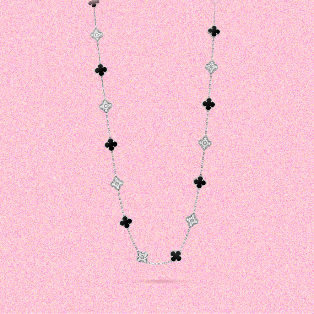 Yumato S925 sterling silver lab-grown diamond and onyx 20 flowers lucky necklace