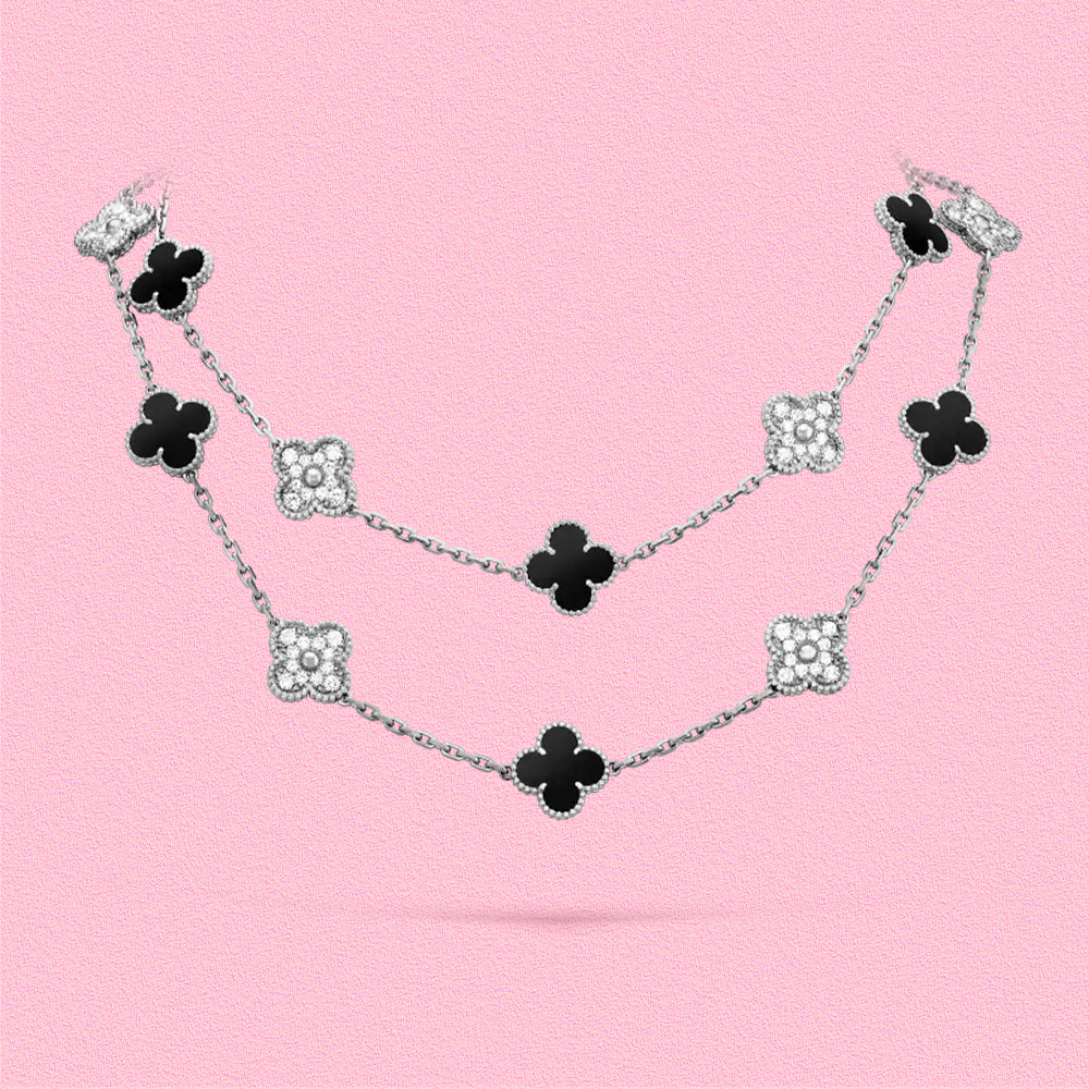Yumato S925 sterling silver lab-grown diamond and onyx 20 flowers lucky necklace