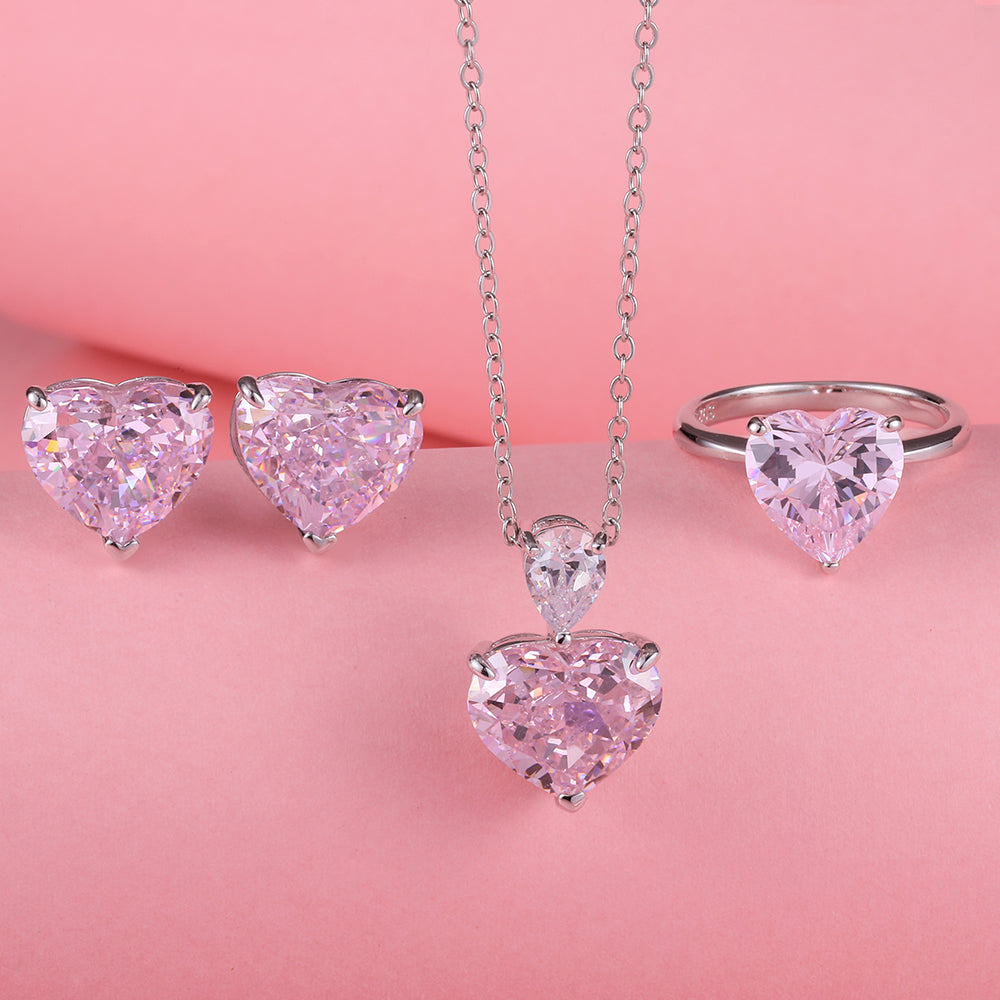 Yumato Pink Lab Grown Gemstone S925 Sterling Silver Ring Earrings Necklace Set S02