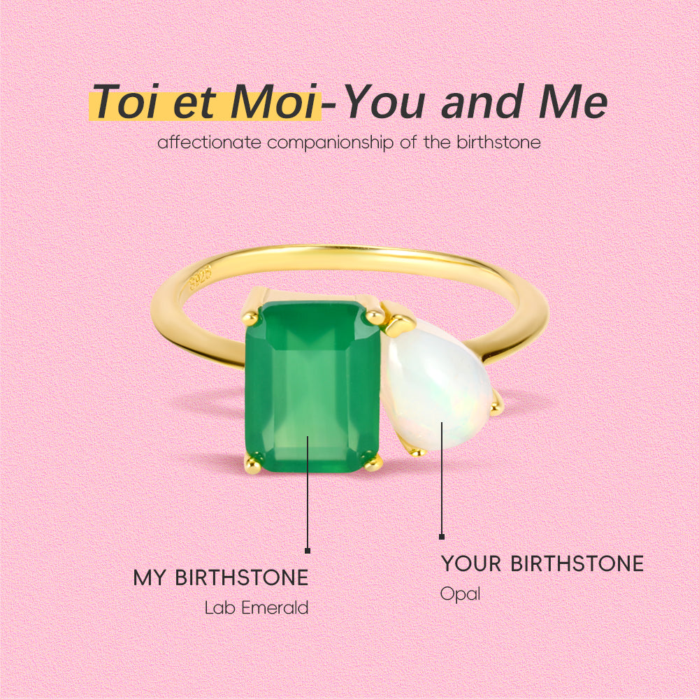 Birthstone double ring Parent-child gift Mother's Day gift Aquamarine emerald Moonstone...