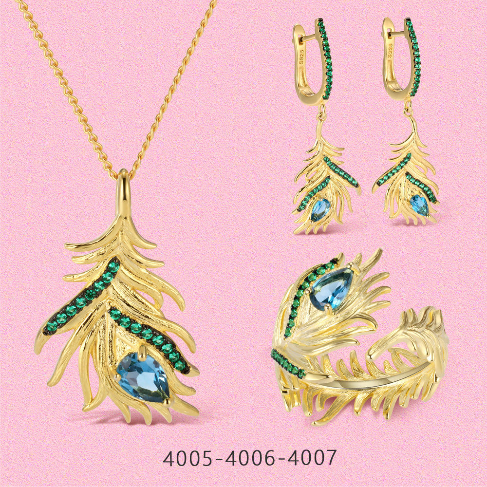 S925 Sterling silver peacock - feather - shaped blue topaz exquisite jewelry set.
