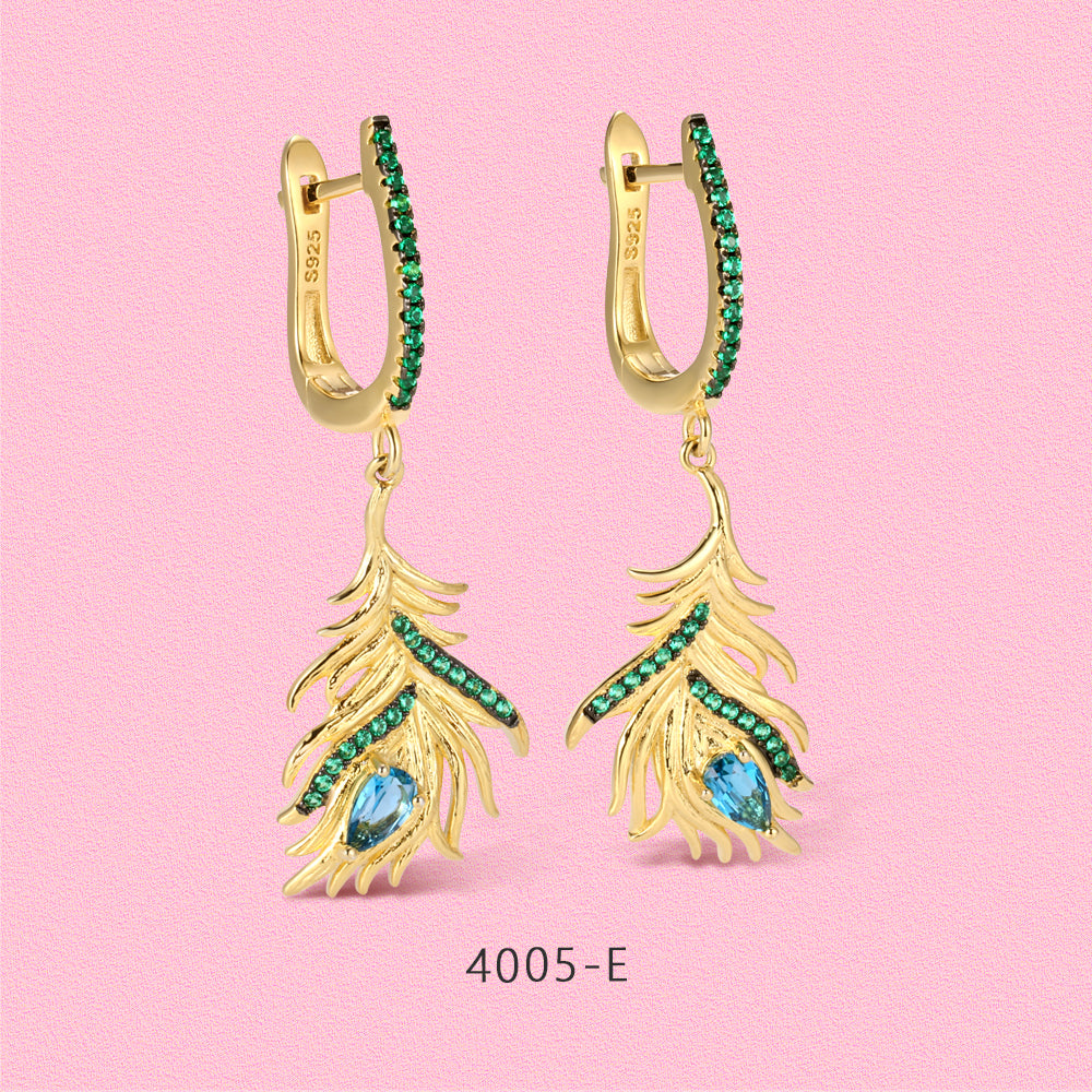 S925 Sterling silver peacock - feather - shaped blue topaz exquisite jewelry set.