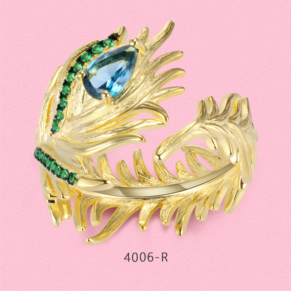 S925 Sterling silver peacock - feather - shaped blue topaz exquisite jewelry set.