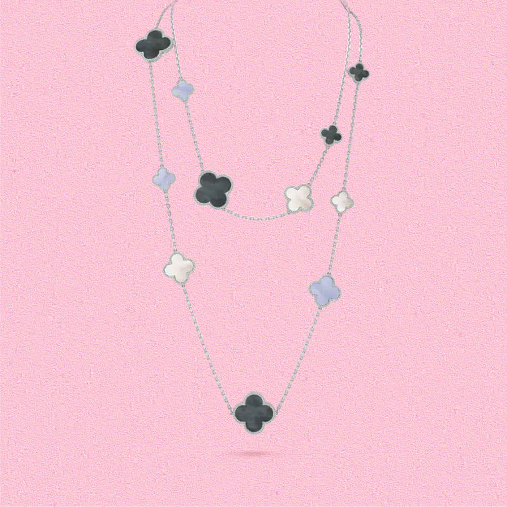 Yumato S925 sterling silver mother-of-pearl onyx 16 flowers lucky necklace