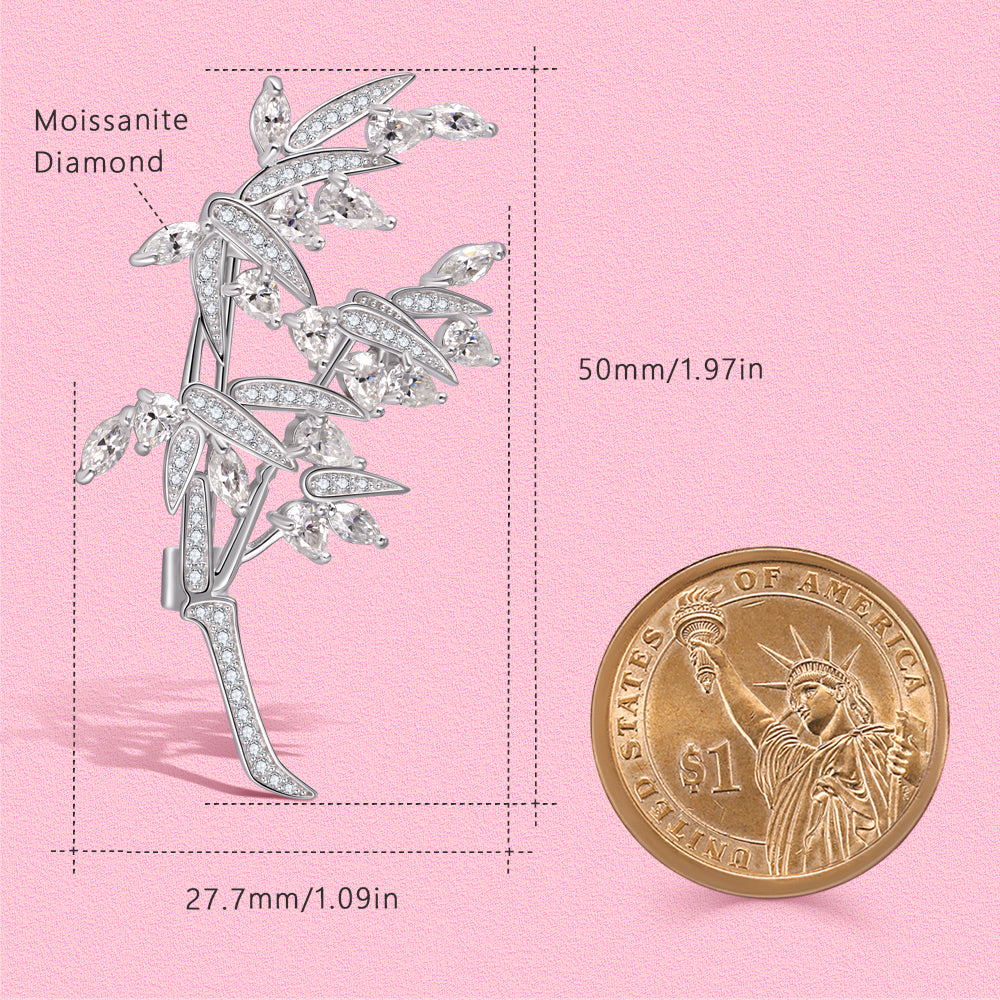 Natural bamboo branch design inlaid Doissanite Diamond S925 sterling silver brooch