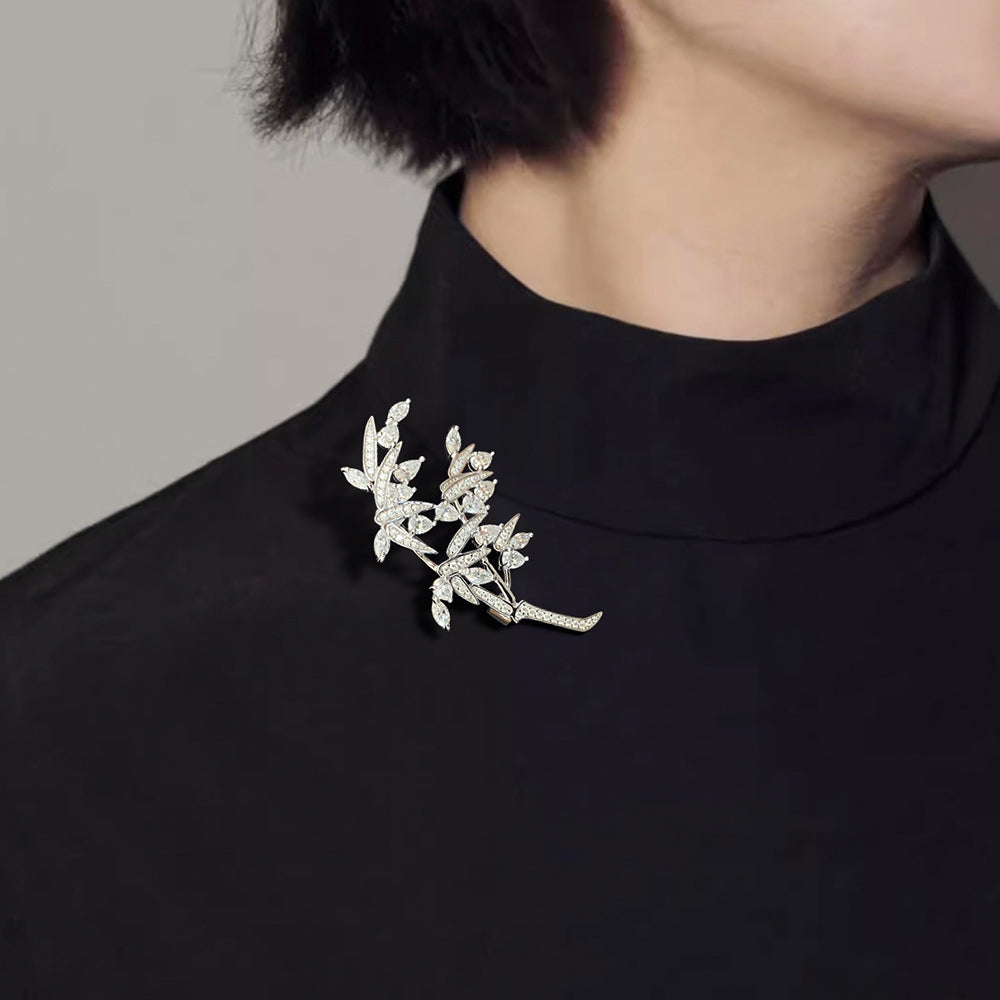 Natural bamboo branch design inlaid Doissanite Diamond S925 sterling silver brooch