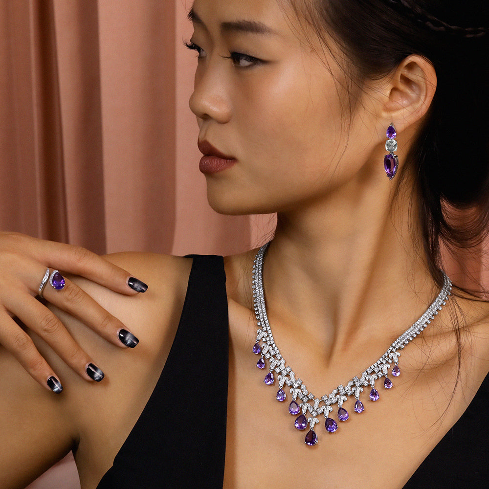 Luxury Purple Crystal Water Drop Design party jewelry set