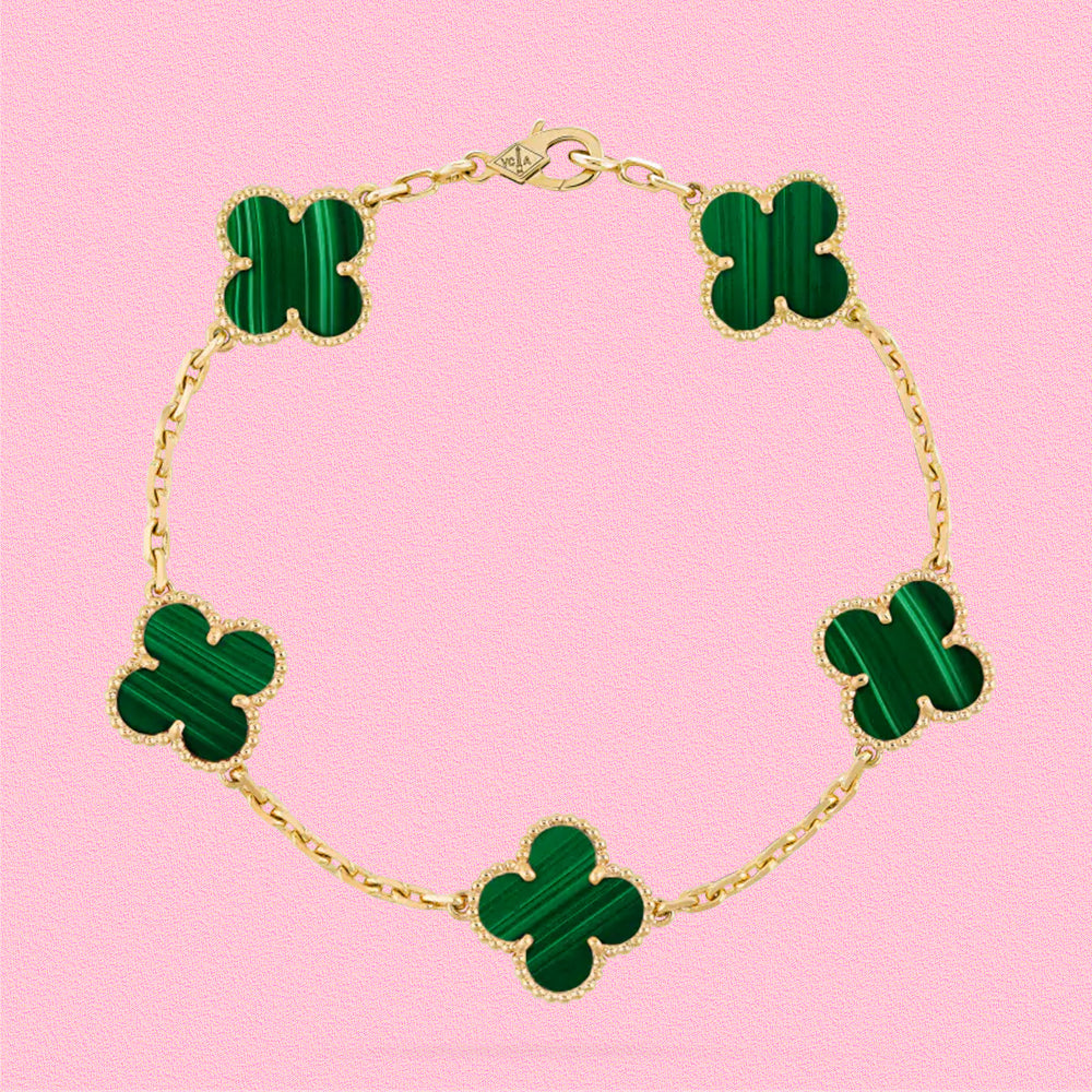 Yumato S925 sterling silver malachite 5 flowers lucky bracelet