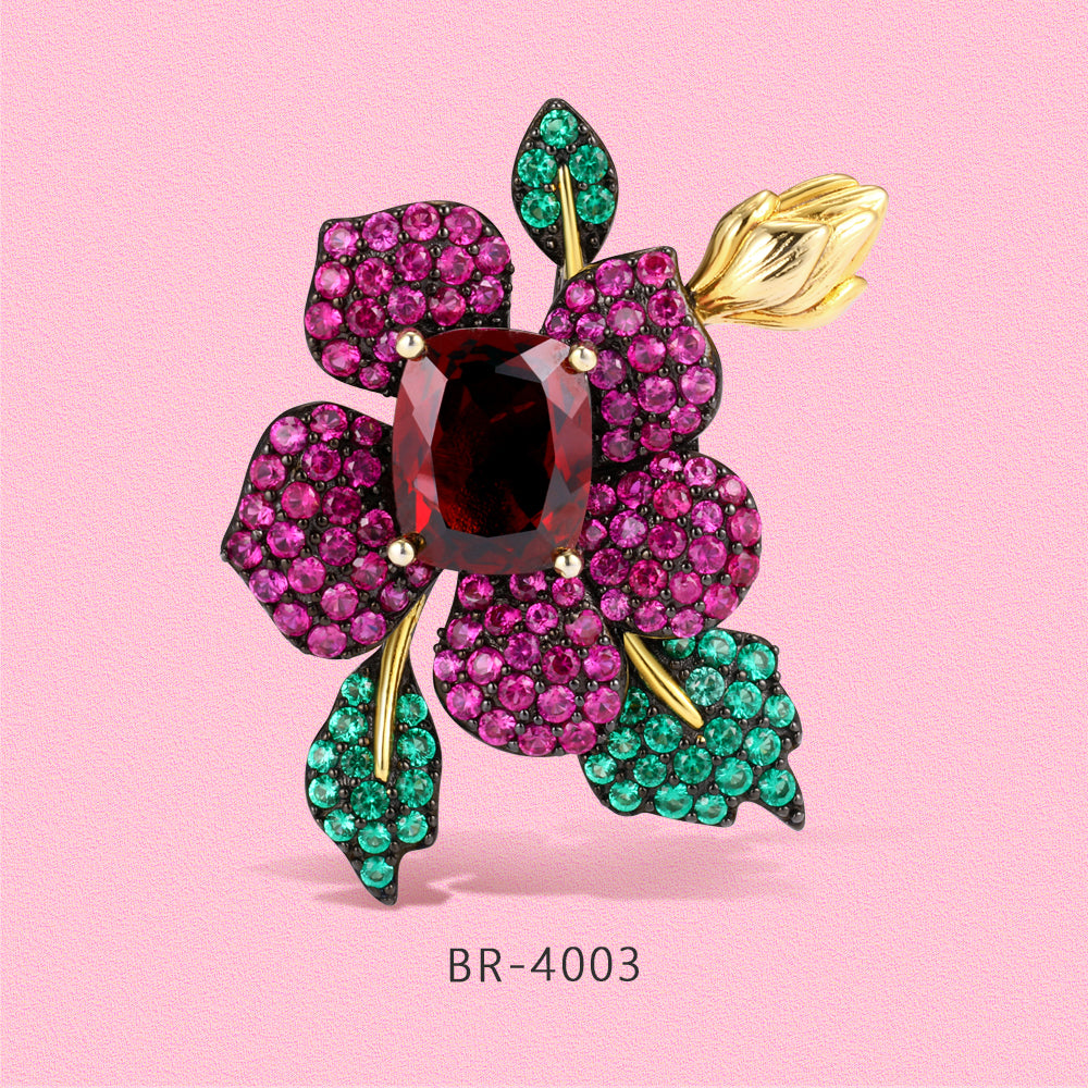 Exquisite flower jewelry set made of S925 sterling silver with rubies.
