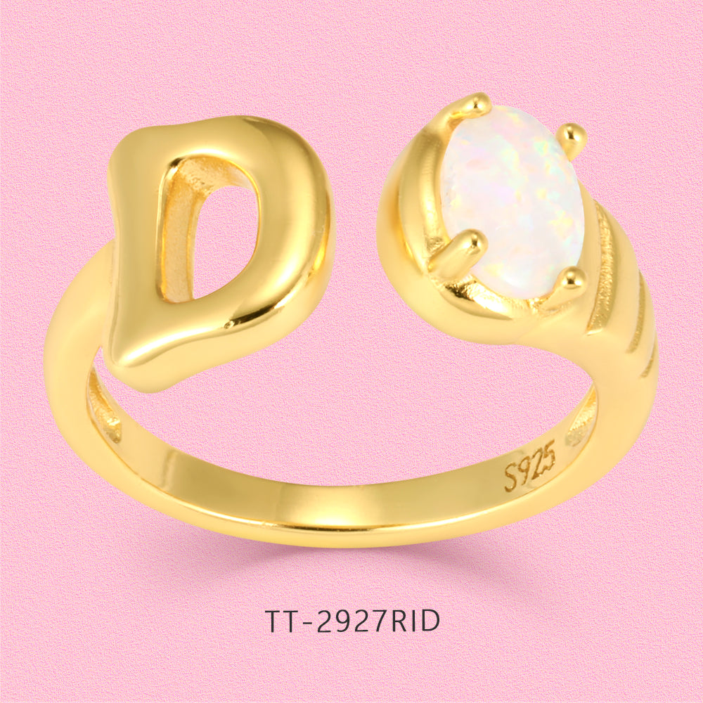 Yumato Gold color adjustable opening set natural Opal 26 English letter ring