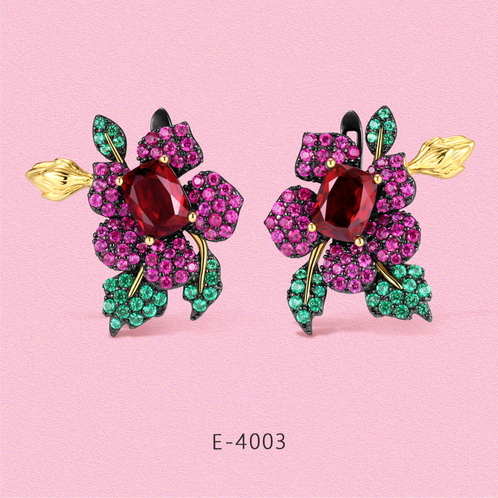 Exquisite flower jewelry set made of S925 sterling silver with rubies.
