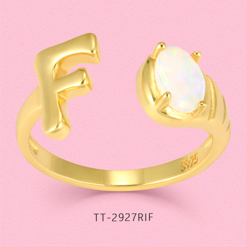 Yumato Gold color adjustable opening set natural Opal 26 English letter ring