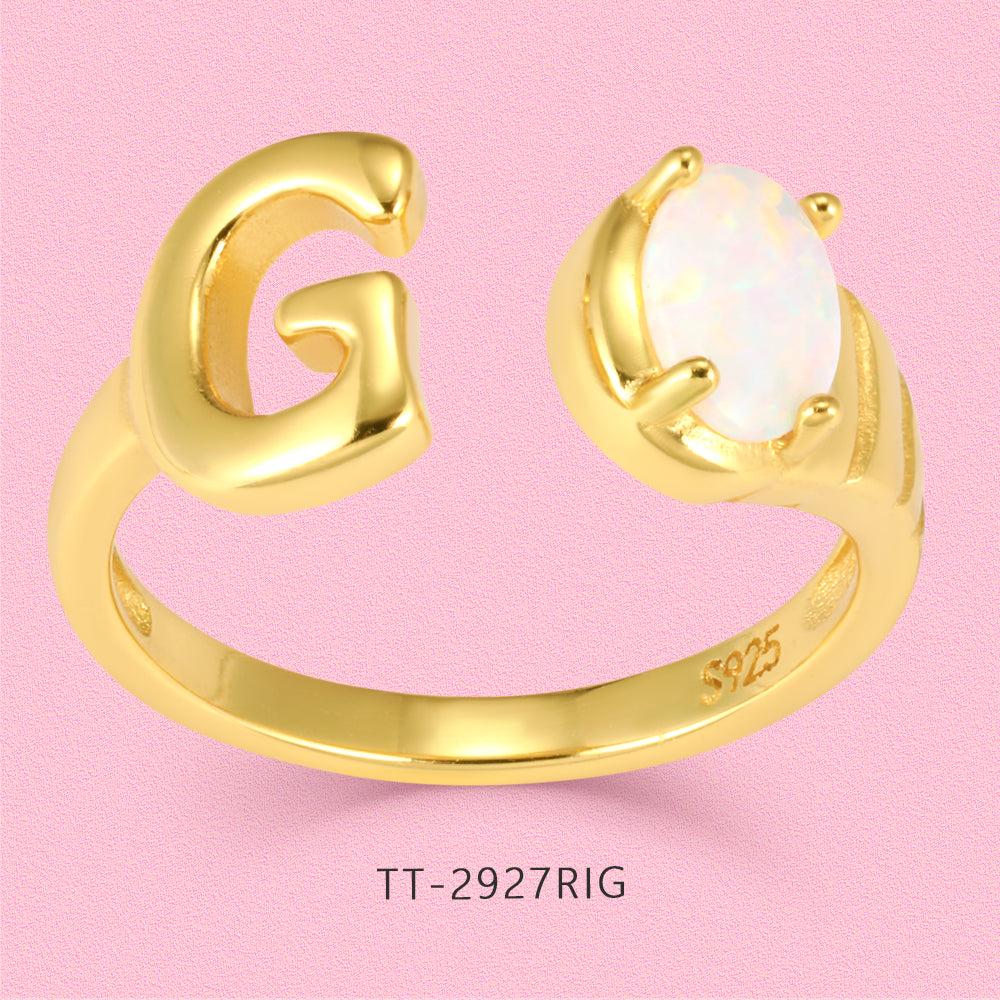 Yumato Gold color adjustable opening set natural Opal 26 English letter ring