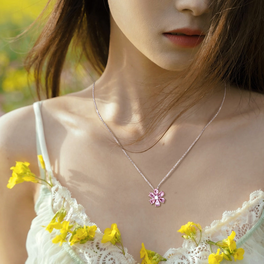 Yumato Romantic flower pink peach blossom necklace stud open ring set