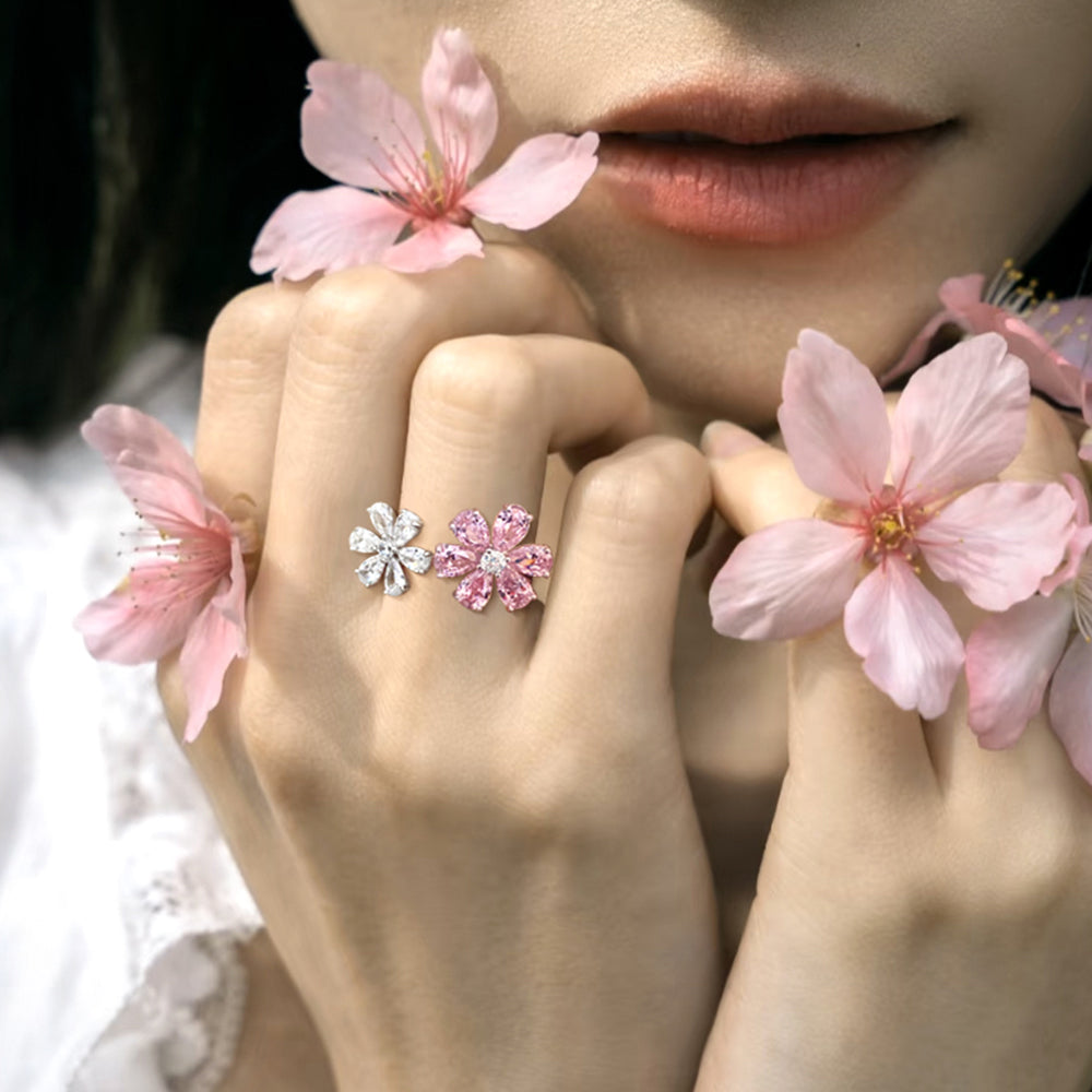 Yumato Romantic flower pink peach blossom necklace stud open ring set