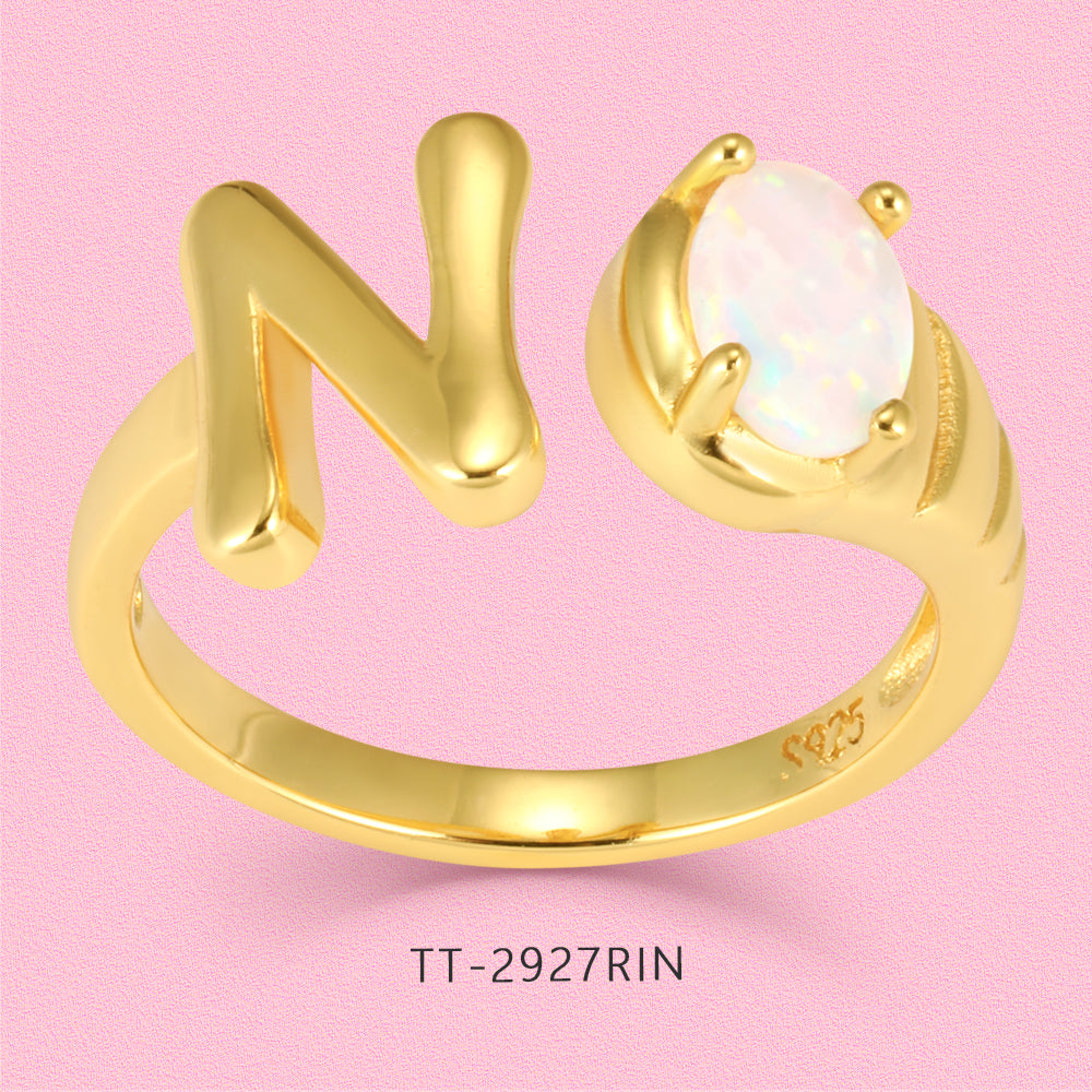 Yumato Gold color adjustable opening set natural Opal 26 English letter ring