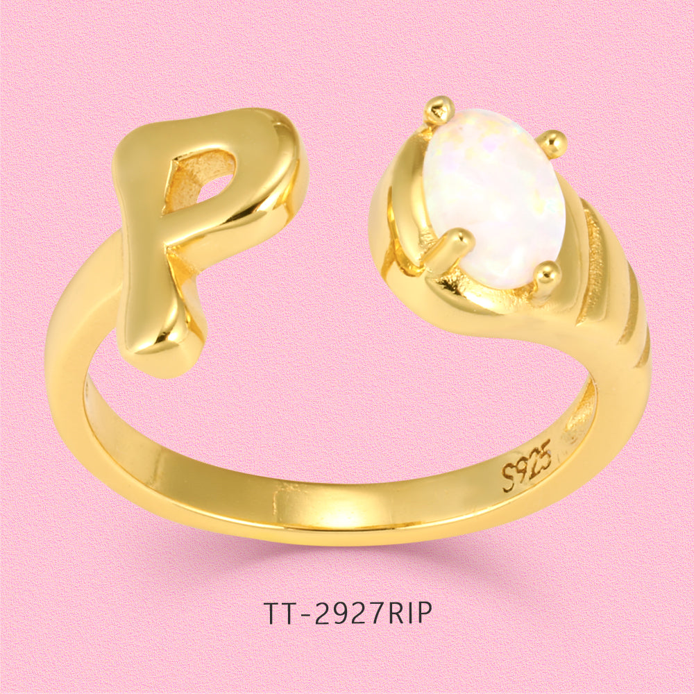 Yumato Gold color adjustable opening set natural Opal 26 English letter ring