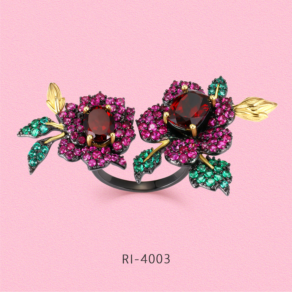 Exquisite flower jewelry set made of S925 sterling silver with rubies.