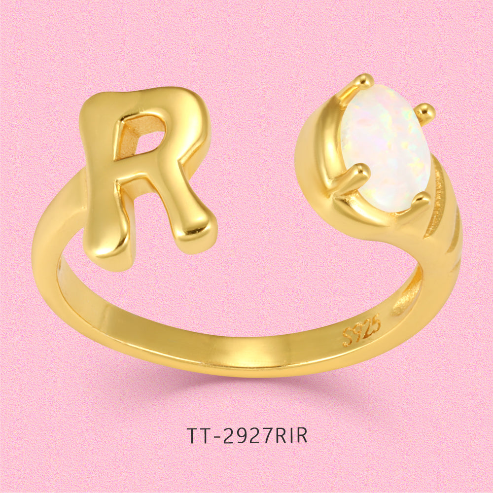Yumato Gold color adjustable opening set natural Opal 26 English letter ring