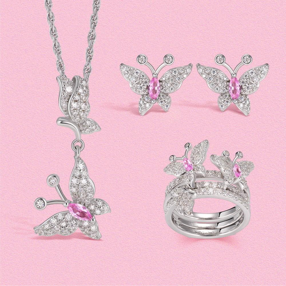 Yumato Moissanite diamond "Dream Seeker Butterfly Multi-layered Ring, Stud and Necklace Set.