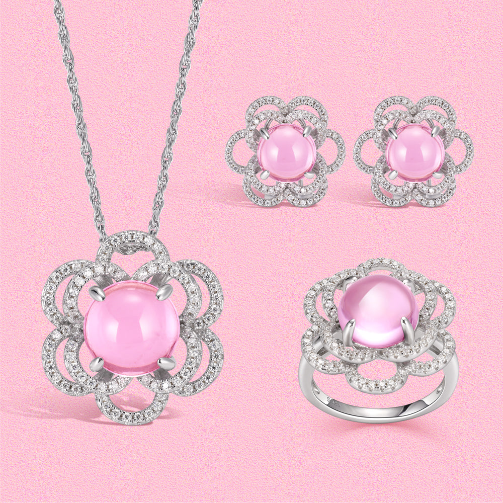 Yumato Luxurious Moissanite and natural hibiscus flower-shaped stud ring necklace set