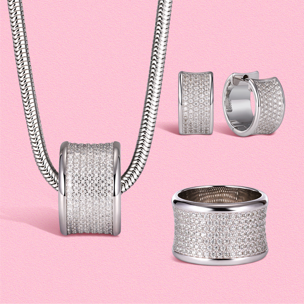 Yumato Luxurious full-diamond earrings, necklace and ring set