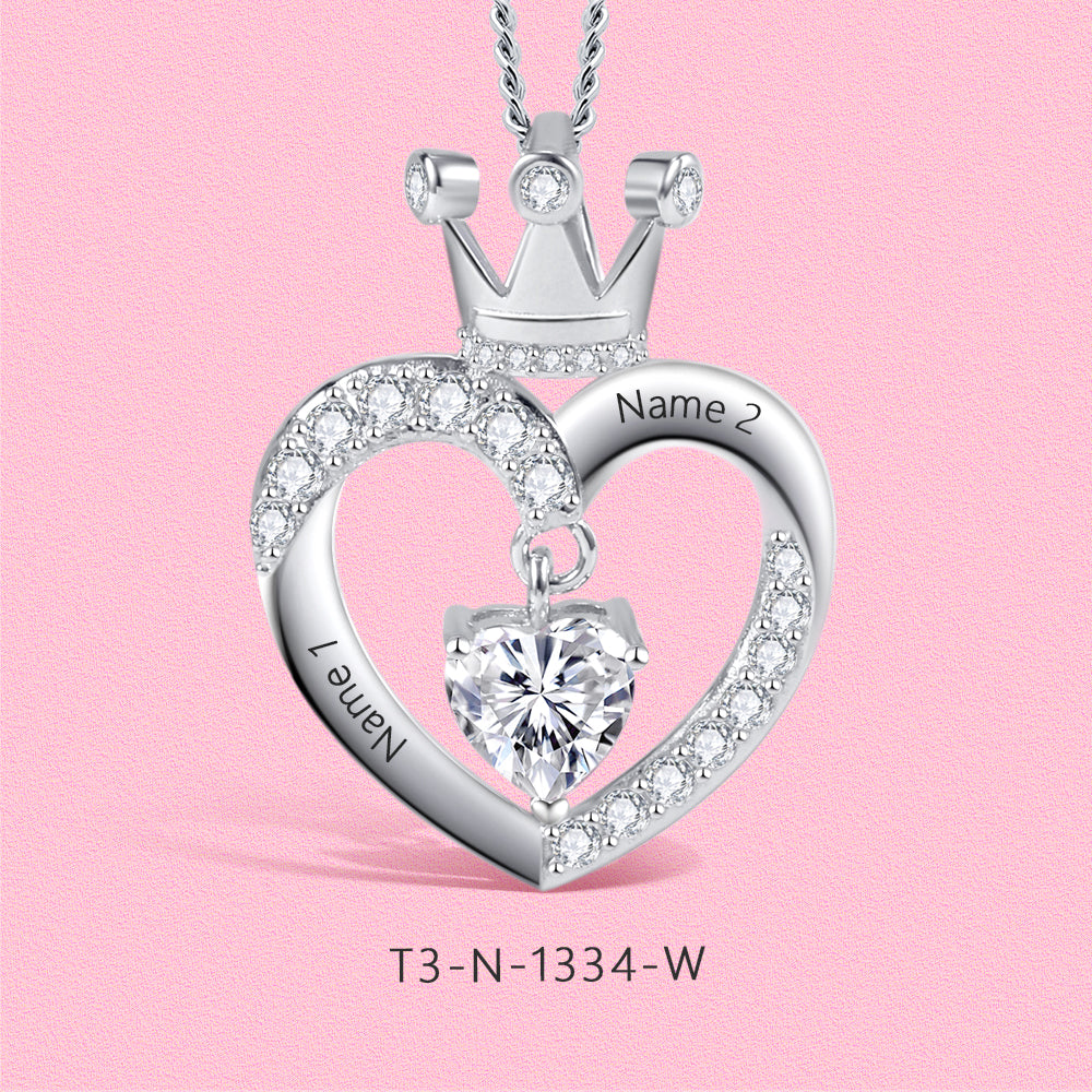 Yumato S925 Sterling Silver Crown Love Pendant Engraved Name Birthstone, Moissanite Customized gift Jewelry Gifts for Mom and Friends 1334