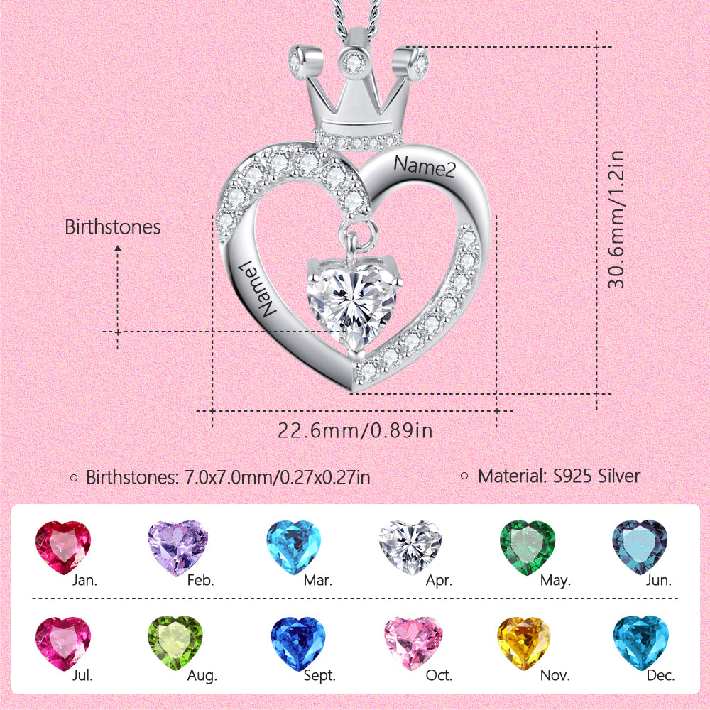 Yumato S925 Sterling Silver Crown Love Pendant Engraved Name Birthstone, Moissanite Customized gift Jewelry Gifts for Mom and Friends 1334