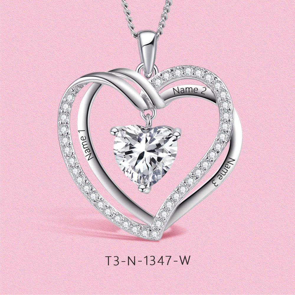 Yumato S925 Sterling Silver Letter and Double Heart Pendant Engraved Name Birthstone, Elegent Moissanite Customized Gifts for Mom, Friends, Female 1347
