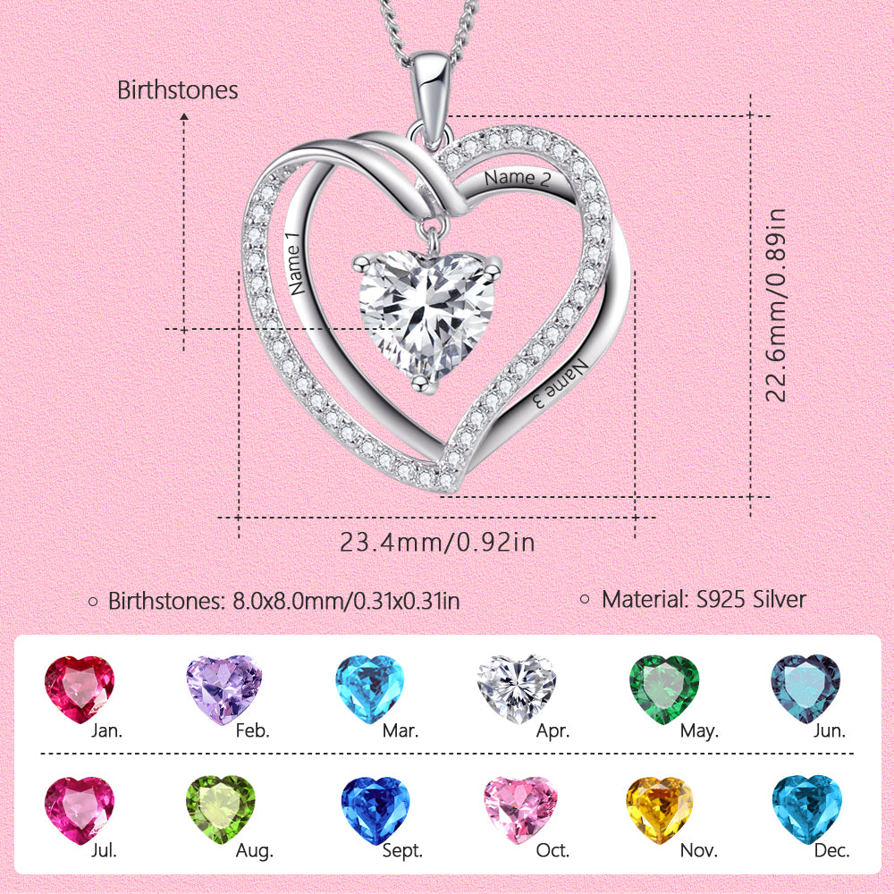 Yumato S925 Sterling Silver Letter and Double Heart Pendant Engraved Name Birthstone, Elegent Moissanite Customized Gifts for Mom, Friends, Female 1347