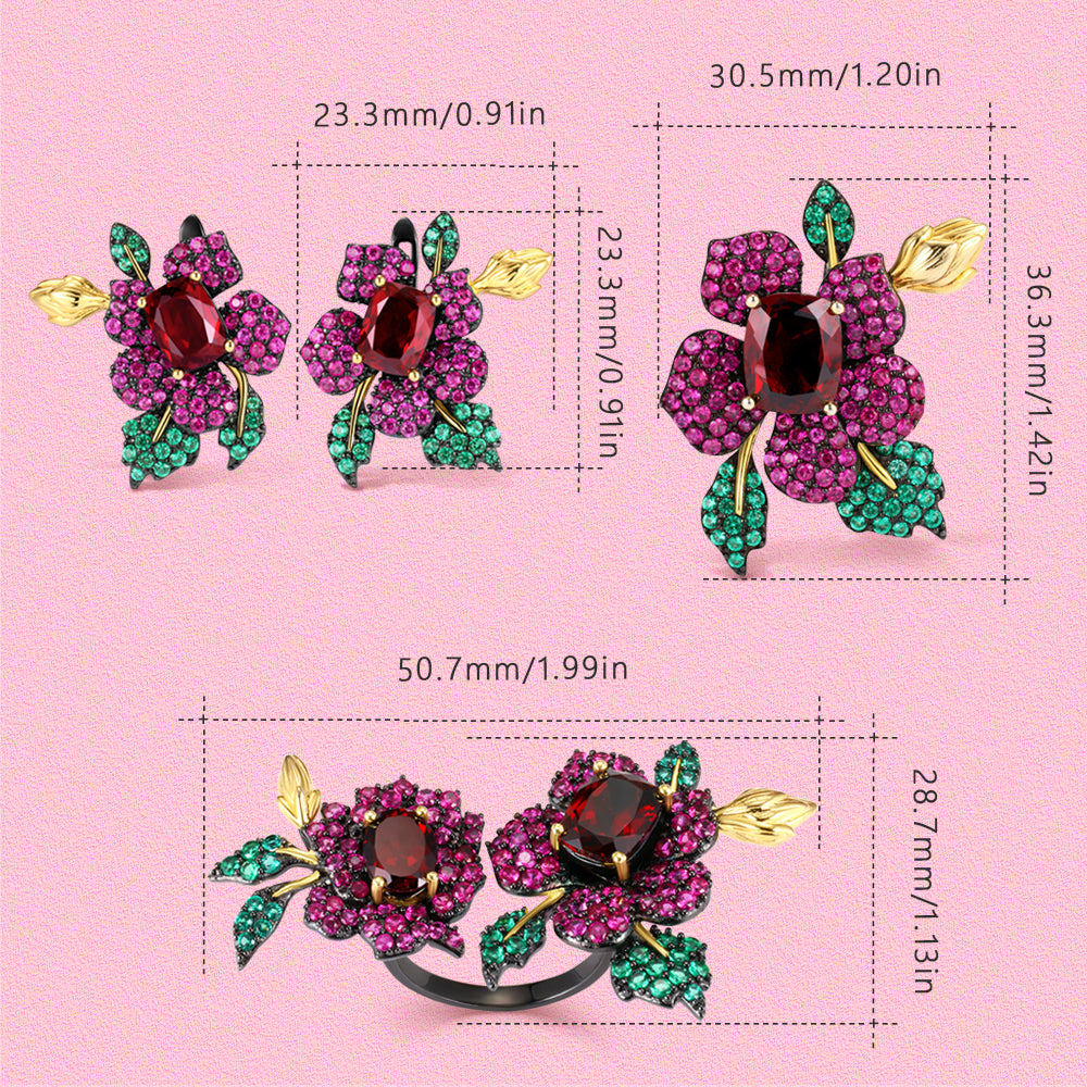 Exquisite flower jewelry set made of S925 sterling silver with rubies.