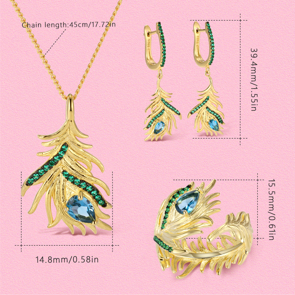 S925 Sterling silver peacock - feather - shaped blue topaz exquisite jewelry set.