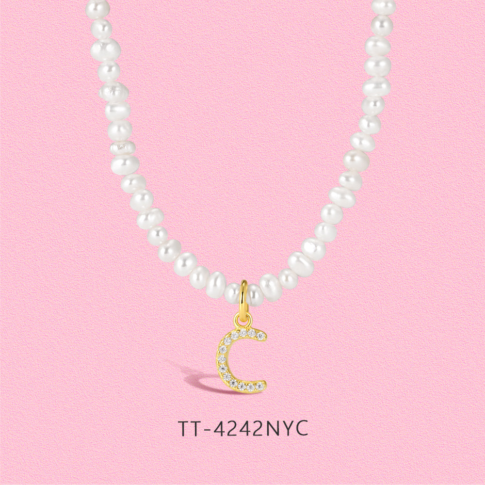 18K gold inlaid with moissanite Natural Pearl Letter Pendant S925 sterling silver necklace TT4242NY