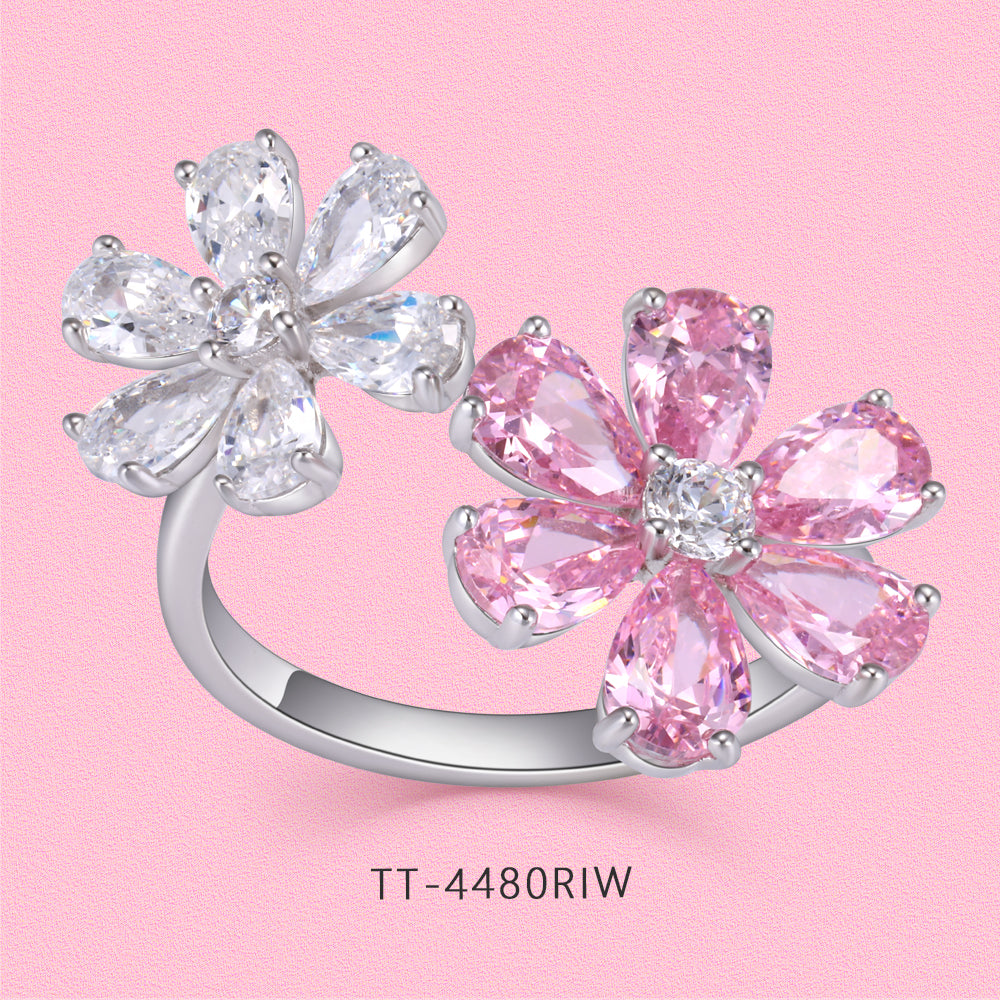 Yumato Romantic flower pink peach blossom necklace stud open ring set