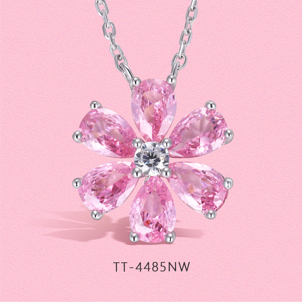 Yumato Romantic flower pink peach blossom necklace stud open ring set