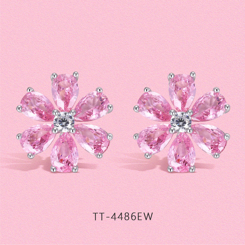 Yumato Romantic flower pink peach blossom necklace stud open ring set