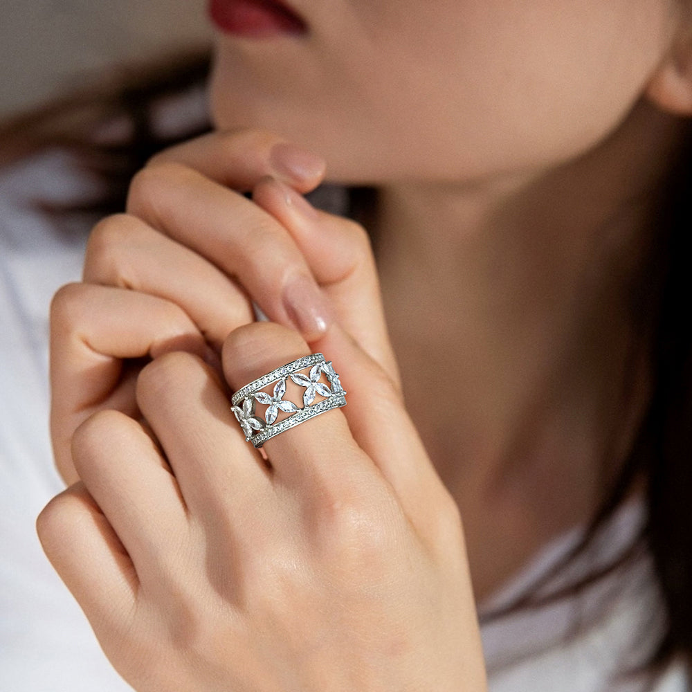 Yumato luxurious wide-face ring fully set with flowers 4804R