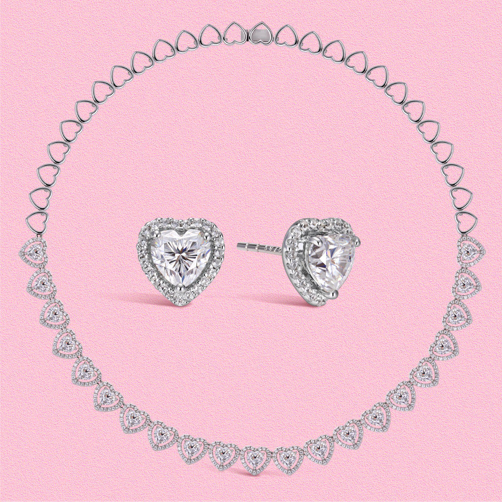 Yumato Moissanite and cultivated gemstone sweet heart-shaped stud earrings and necklaces