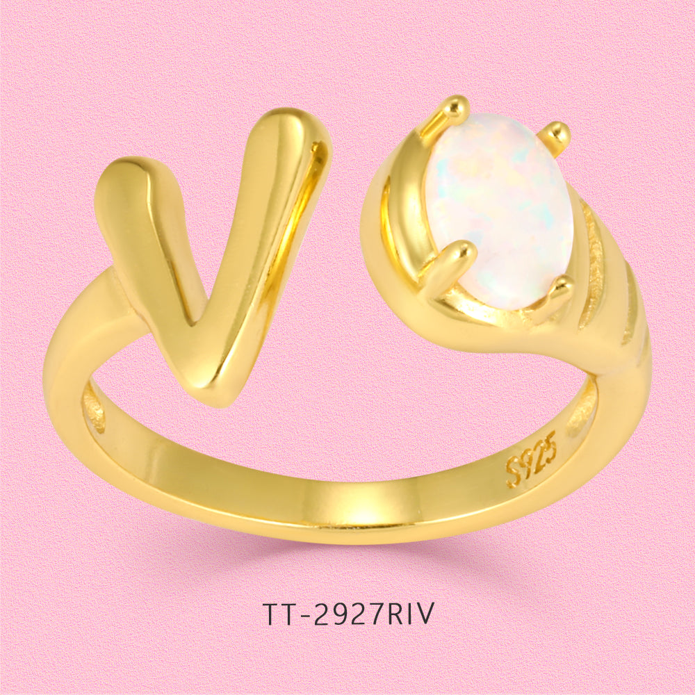 Yumato Gold color adjustable opening set natural Opal 26 English letter ring