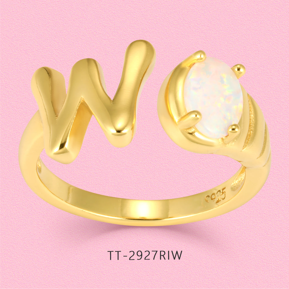 Yumato Gold color adjustable opening set natural Opal 26 English letter ring