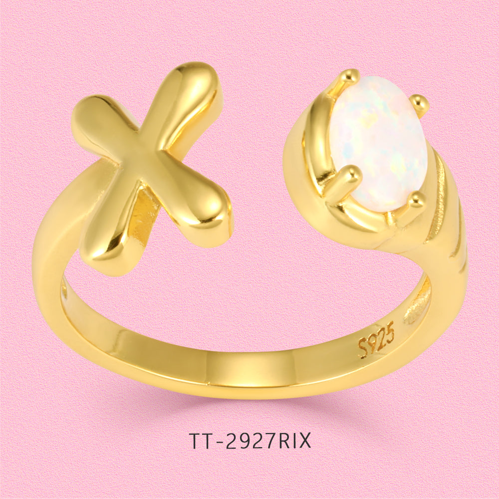 Yumato Gold color adjustable opening set natural Opal 26 English letter ring
