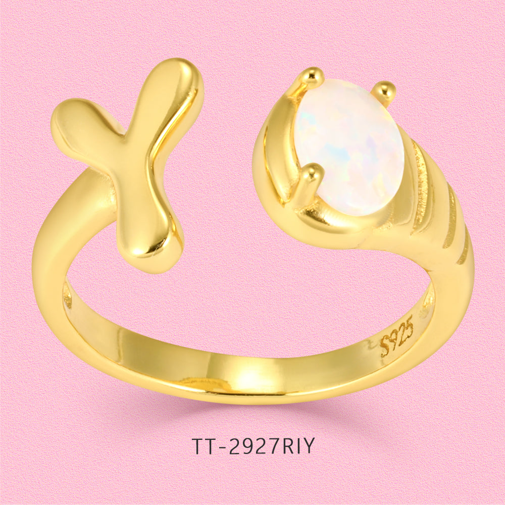 Yumato Gold color adjustable opening set natural Opal 26 English letter ring