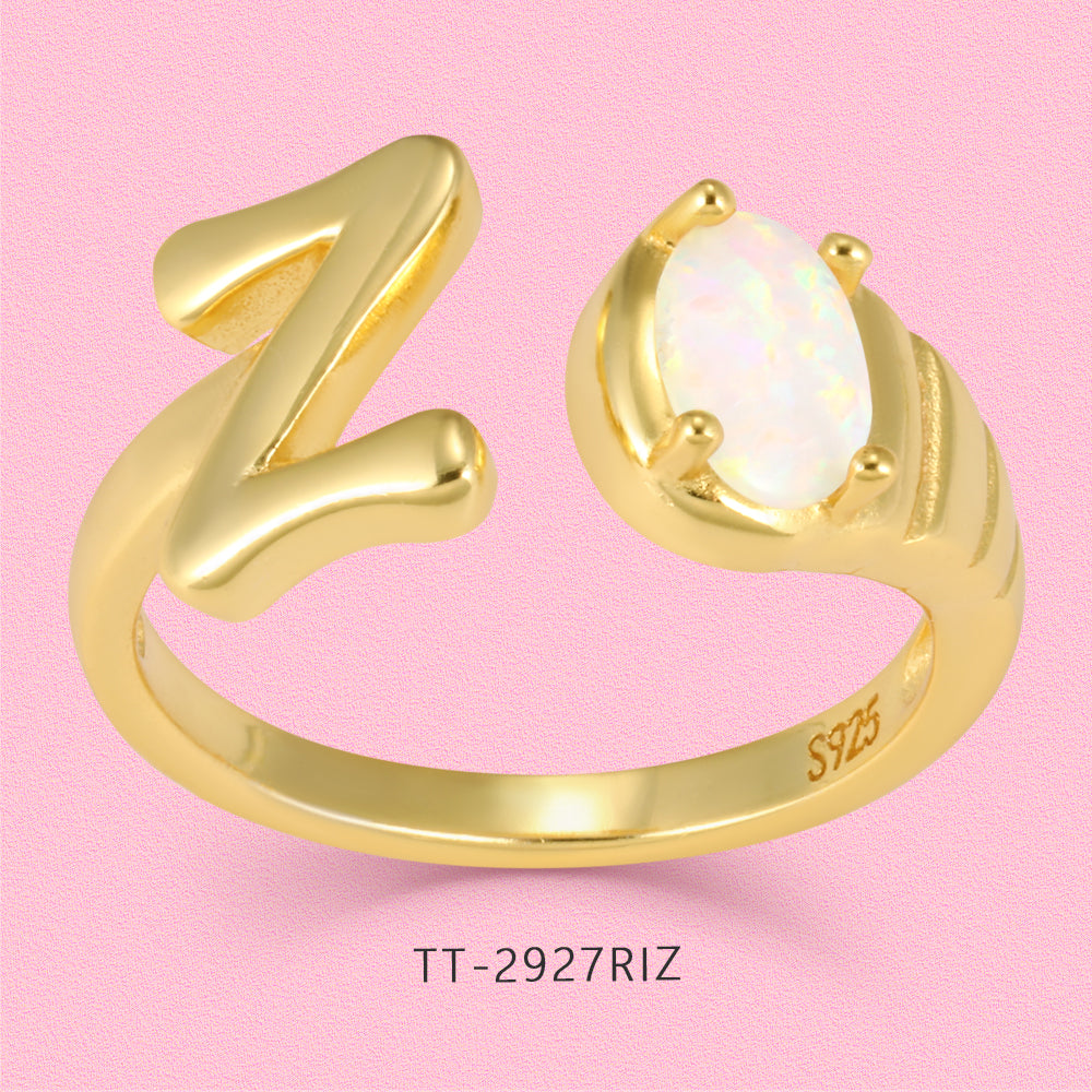 Yumato Gold color adjustable opening set natural Opal 26 English letter ring